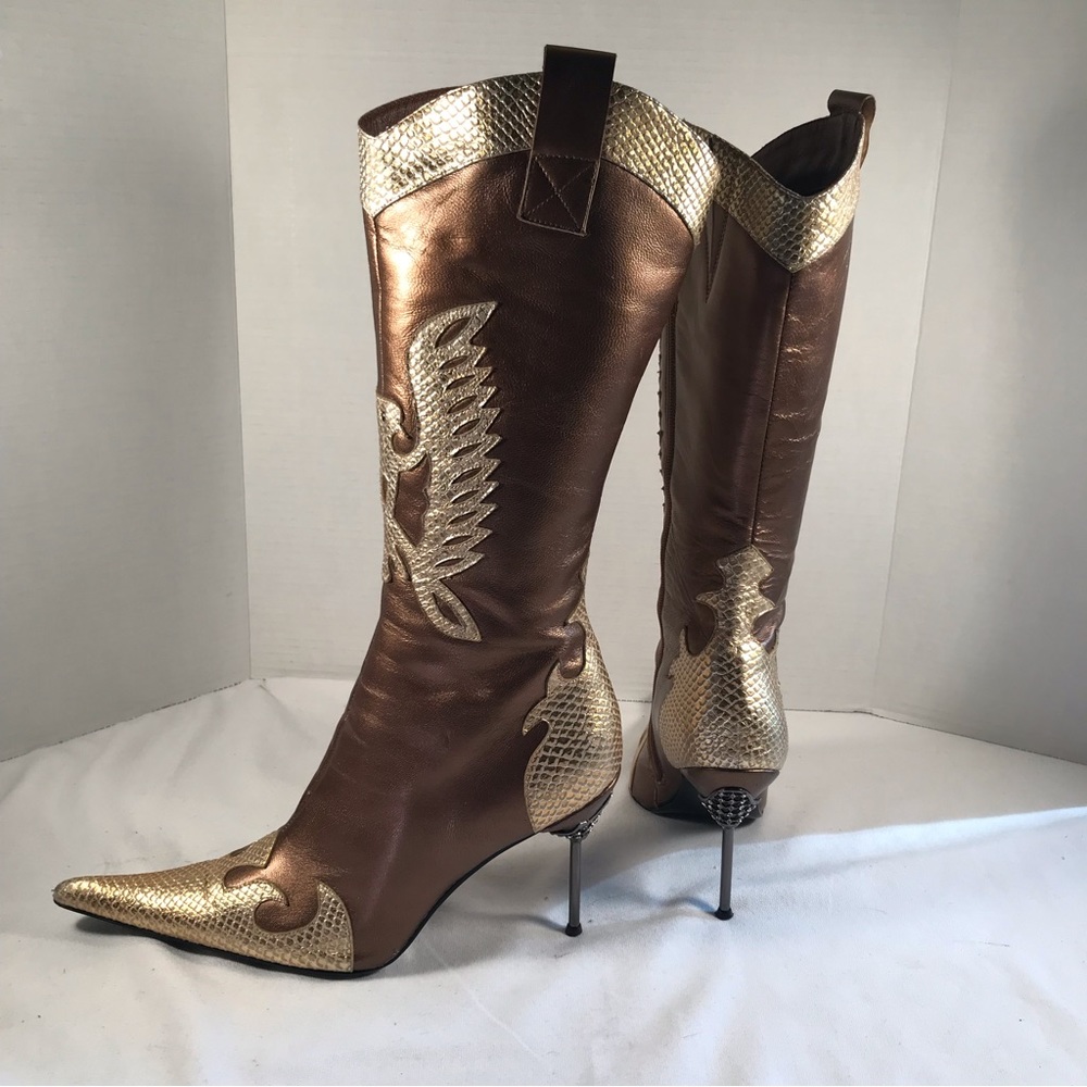Rare Bronx Bronze and Gold Metallic Snake Print Leather Rhinestone Heeled Boots